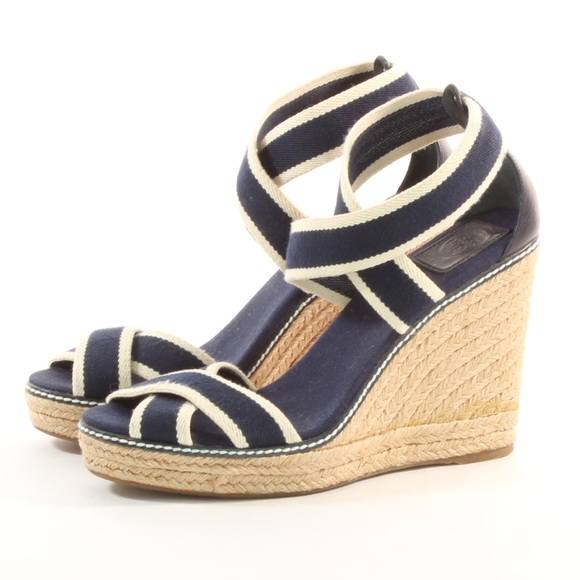 Tory Burch Shoes - Tory Burch Wedge Sandal Heels Navy Blue Size 10
